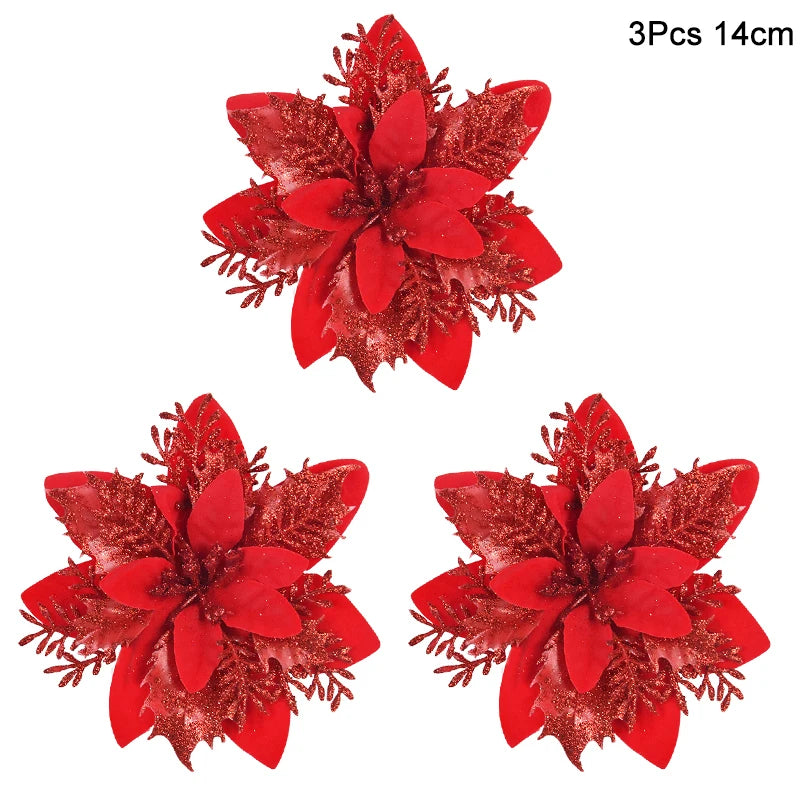 3pcs Glitter Artificial Christmas Flowers Berry Xmas Tree Decor Christmas Tree Ornament Babs Red