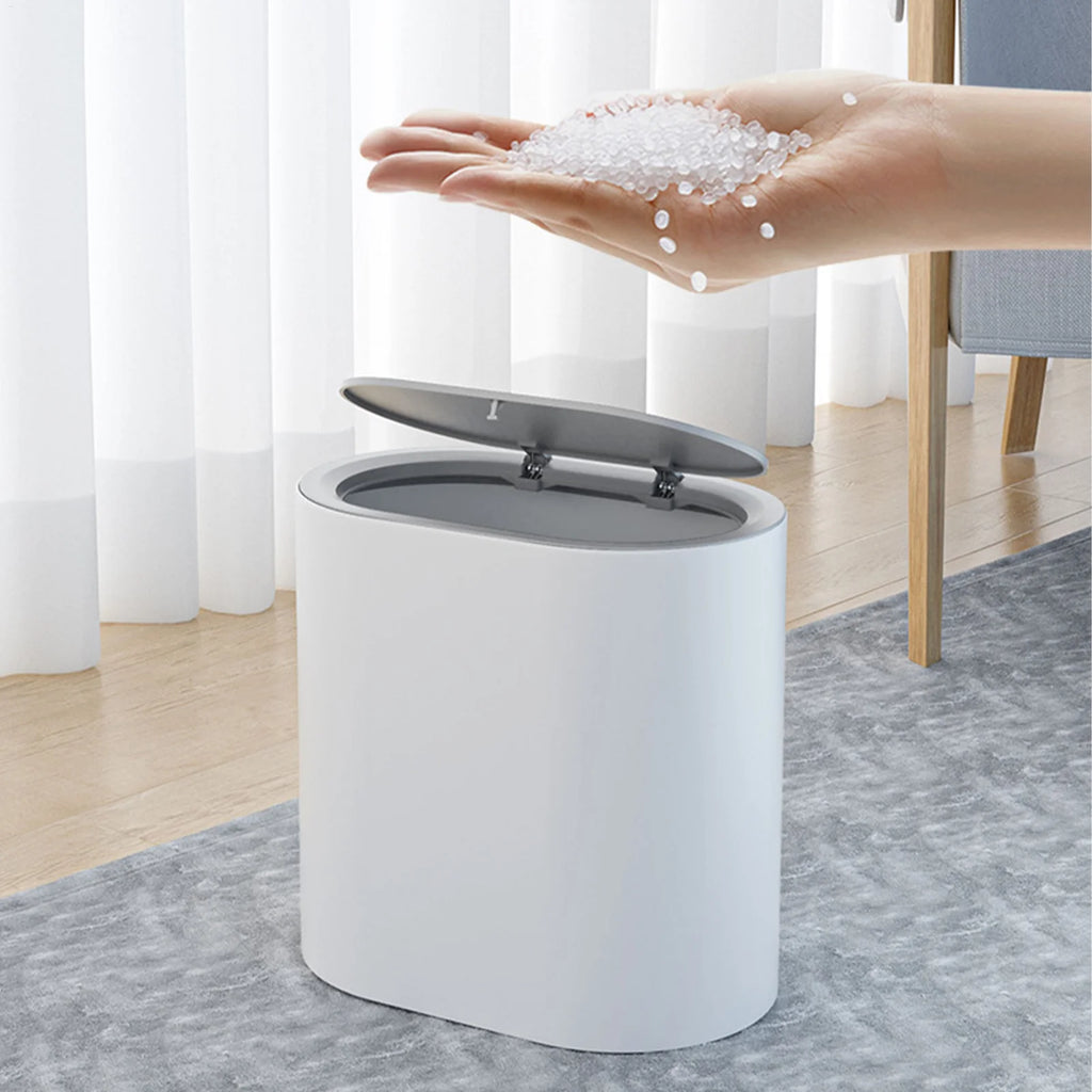 Press-Top Trash Can with Lid – Compact ABS Bathroom Bin Press-Top Trash Can Babs