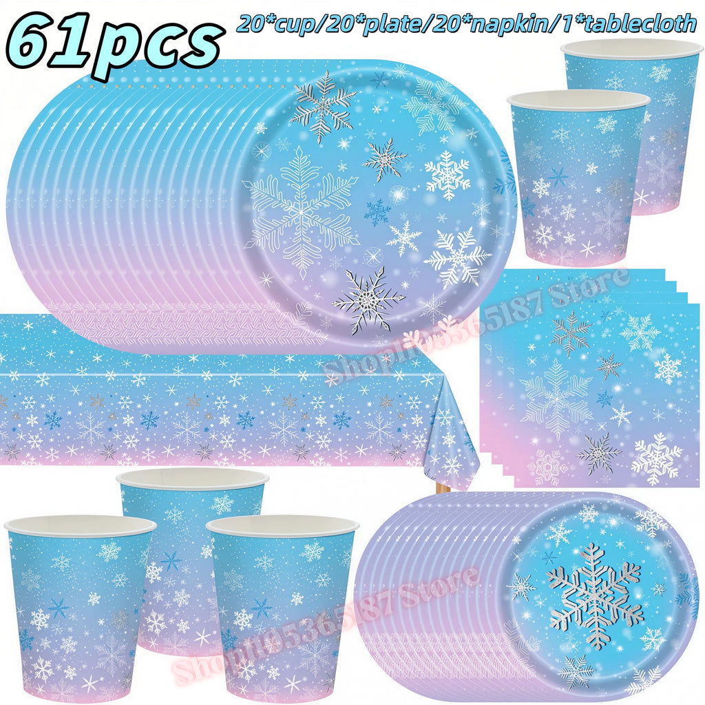 Snowflake Party Supplies – Cups, Plates, Napkins & Tablecloth Party Tableware Set Babs