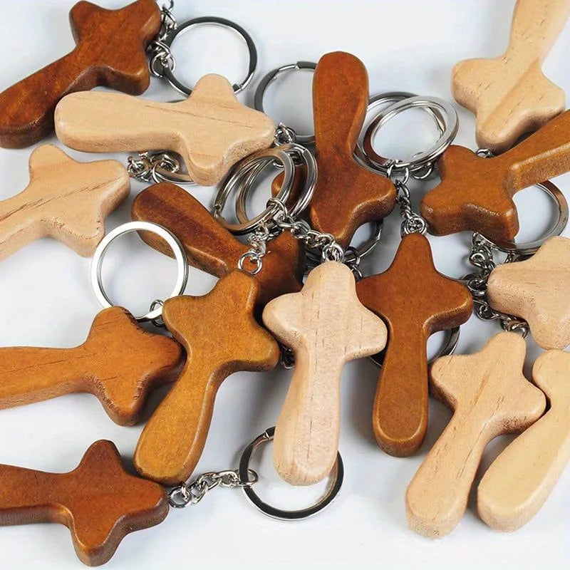5-Pack Wooden Cross Keychain Set – Car Keyring & Bag Charm Wooden Keychain Set Babs