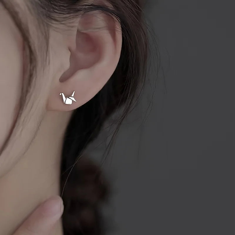 Origami Crane Stud Earrings – Silver-Plated Copper Pair Stud Earrings Babs