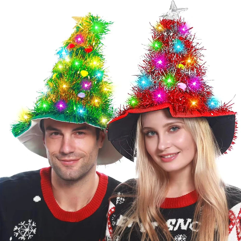 LED Glowing Christmas Tree Hat with Tinsel & Lights LED Christmas Hat Babs green