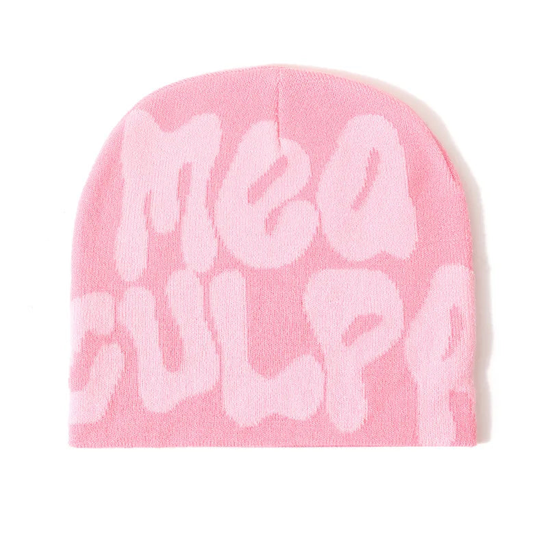 Unisex Y2K 'Mea Culpa' Knitted Beanie Hat – 17 Colors Knitted Beanie Hat Babs Pink