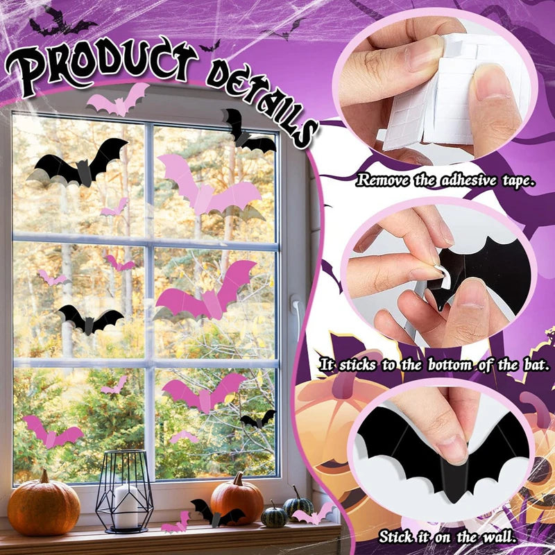 24/48Pcs 3D Halloween Pink Bat Wall & Window Stickers – DIY Decal Halloween Wall Stickers Babs