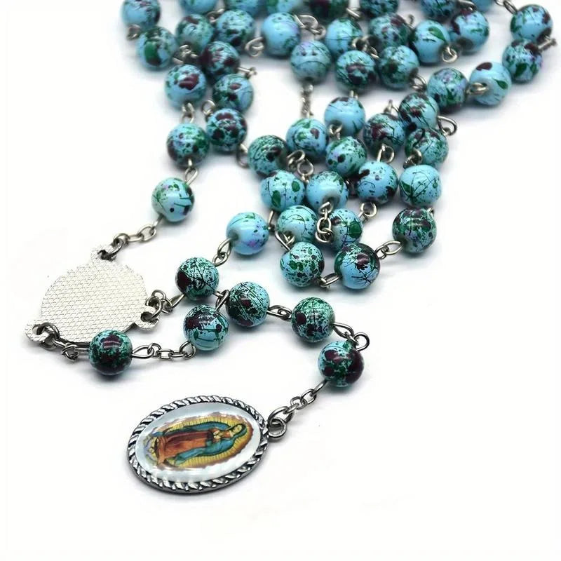 Glass Bead Rosary Necklace – Vintage Catholic Cross Pendant Rosary Necklace Babs