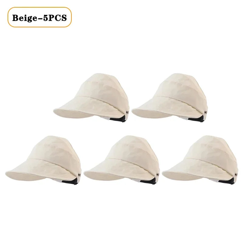 Foldable Wide Brim Ponytail Sun Hat – Adjustable Beach Cap Wide Brim Sun Hat Babs Beige-5PCS 55-58cm