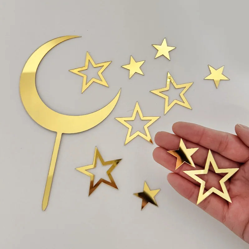 8-Piece Ramadan Moon & Star Golden Acrylic Cake Topper Set Acrylic Cake Topper Babs