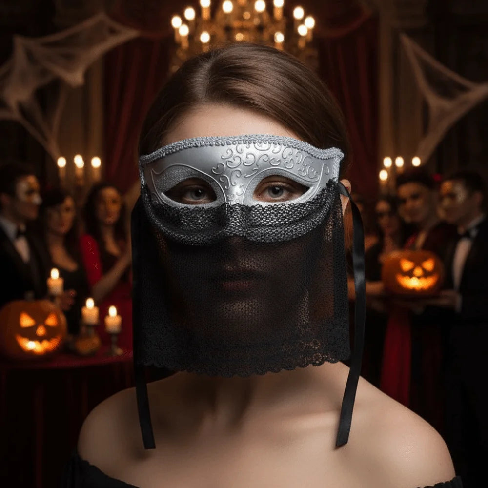 Venice Masquerade Half Face Mask with Veil | Retro Cosplay Masquerade Mask Babs