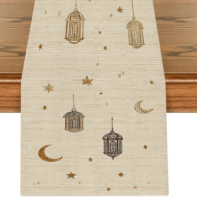 Ramadan Eid Mubarak Table Runner – Lantern & Moon Pattern Holiday Table Runner Babs