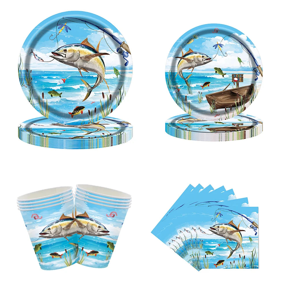 Gone Fishing Birthday Decorations – Banner, Tableware & Cake Toppers Party Decoration Set Babs