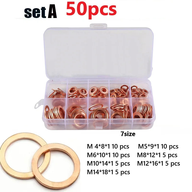 Copper Washer Gasket Set 50/100/120 Pcs Flat Ring Seal Kit Copper Washer Kit Babs 50pcs