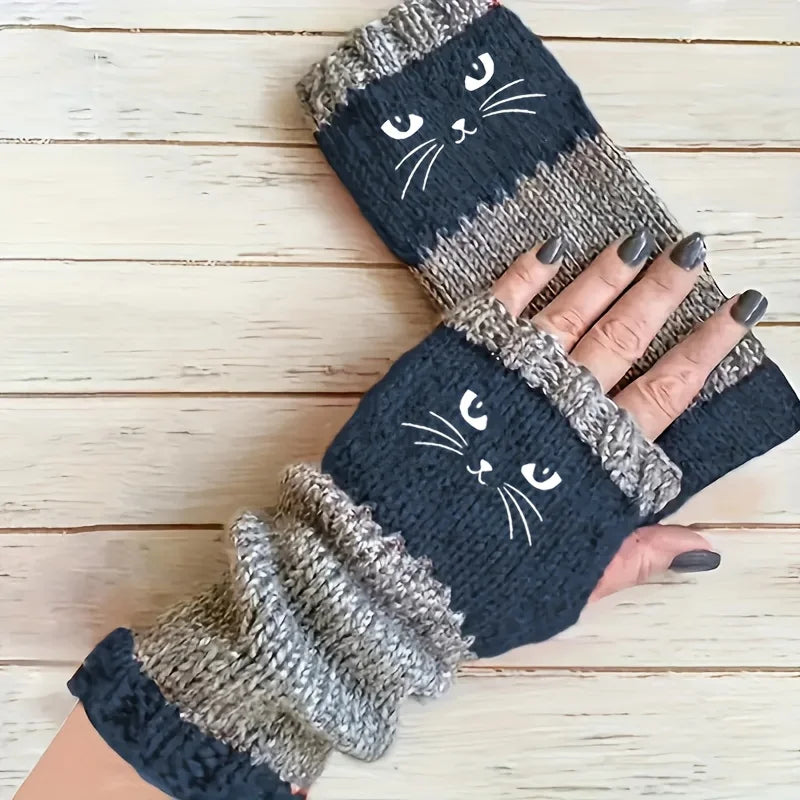 Cat Lover Knitted Fingerless Gloves – Cute Cat Pattern Fingerless Gloves Babs