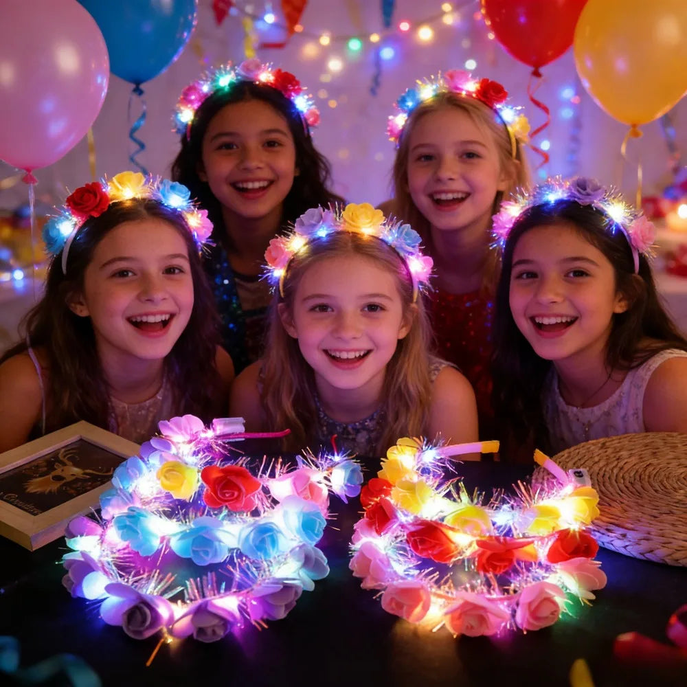 10pcs Light-Up Flower Crown Headbands – Glowing Party Wreath LED Party Headband Babs