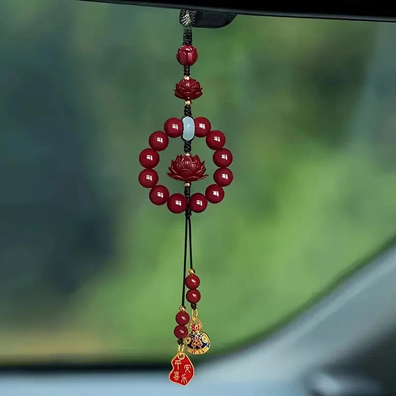 Lotus Cinnabar Car Rearview Mirror Pendant | Good Luck Ornament Car Mirror Pendant Babs