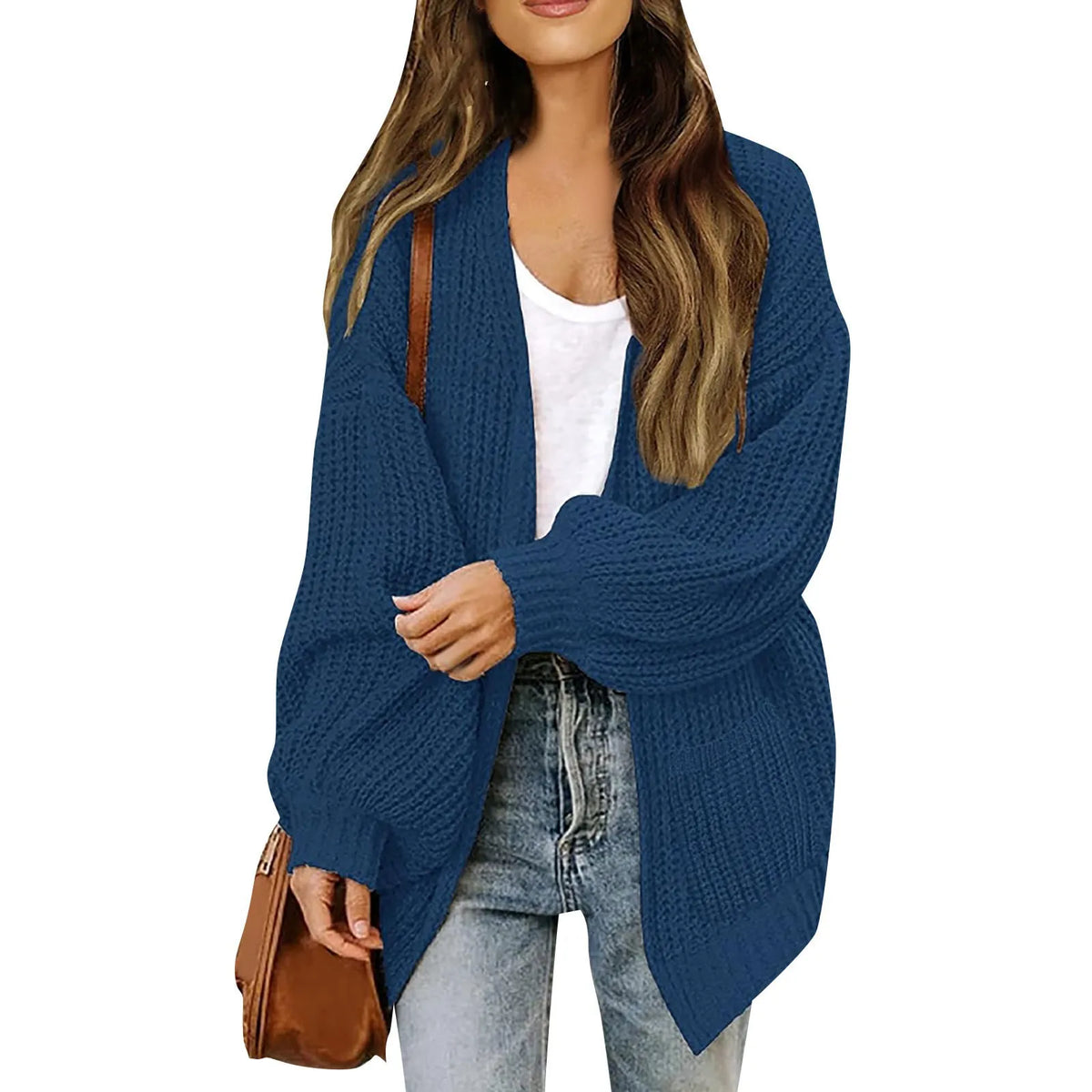 Women's Lantern Sleeve Thick-Knit Cardigan – Loose V-Neck Coat Knit Cardigan Sweater Babs XXL Lake Blue