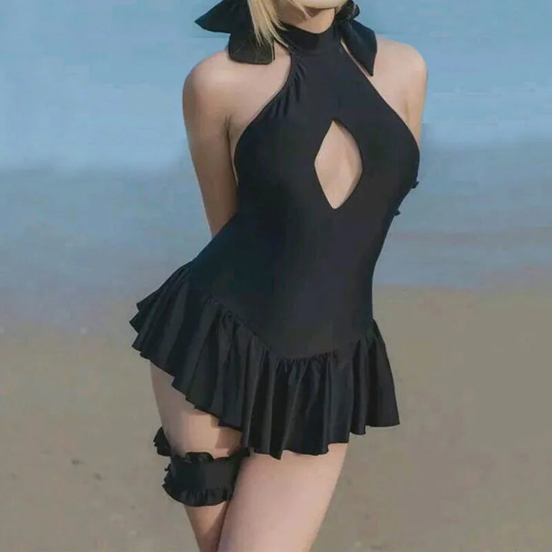 Anime Cosplay Black Halter Swimsuit Dress Set – Women Cosplay Costume Set Babs black One Size Other