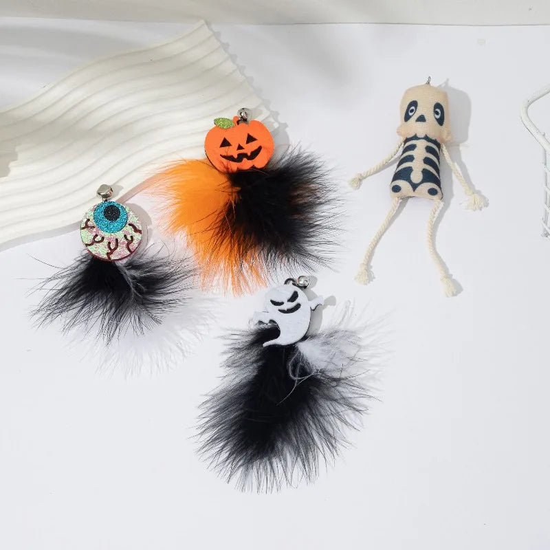 Halloween Cat Teaser Stick – Pumpkin Ghost Feather Bell Toy Cat Teaser Toy Babs