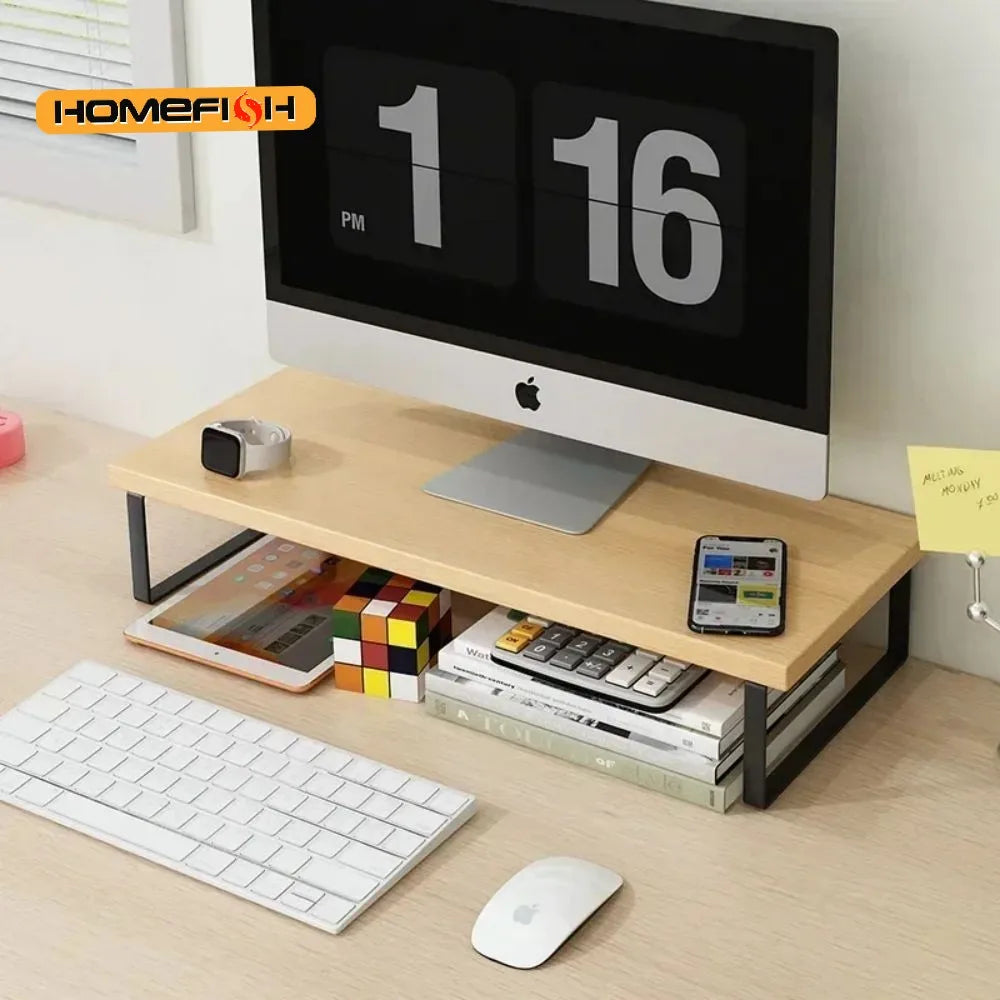 Monitor Stand Riser with Storage Rack – Iron & Wood Desk Organizer Monitor Stand Riser Babs