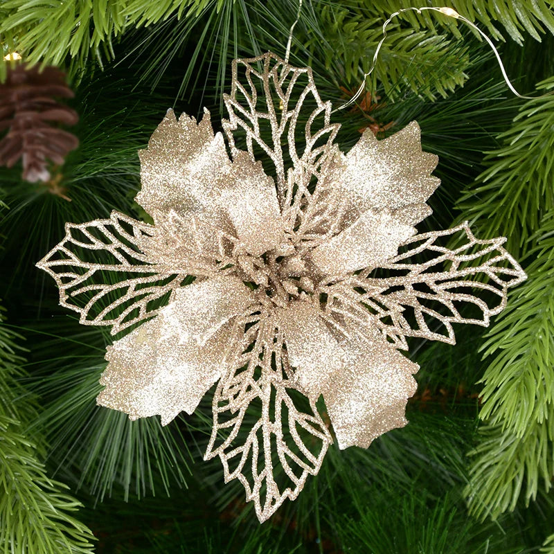 5pcs Glitter Artificial Christmas Flowers – Tree & Home Decor Christmas Floral Picks Babs champagne 9cm