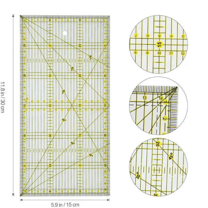 15x30cm Acrylic Quilters Ruler – Double Color Grid & Angle Lines Quilting Ruler Babs