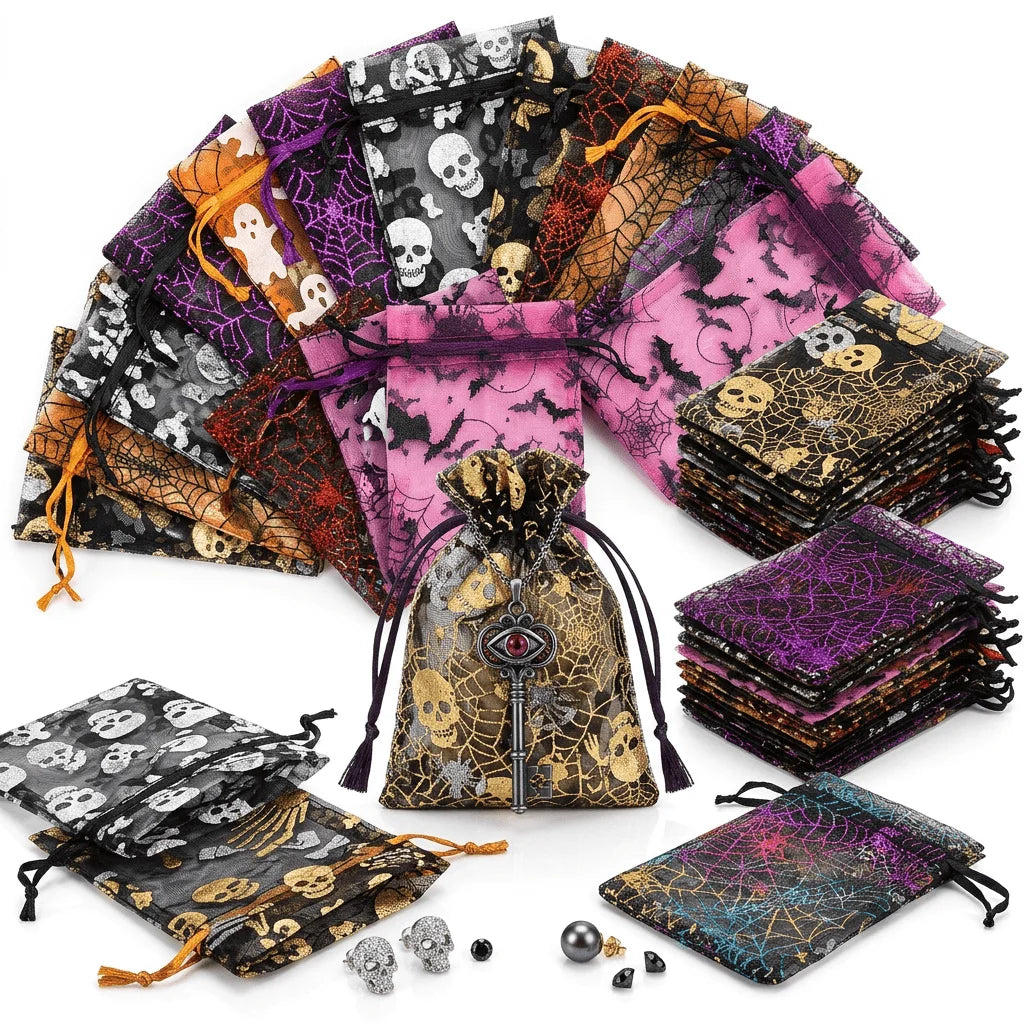 50PCS Halloween Drawstring Candy Bags – Foil Ghost Bat Print Halloween Gift Bags Babs