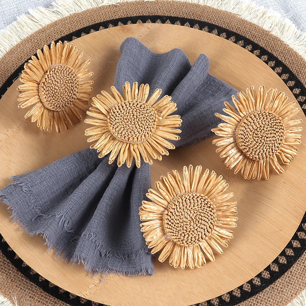 Natural Raffia Sunflower Napkin Ring Set | Rustic Woven Holders Napkin Ring Set Babs