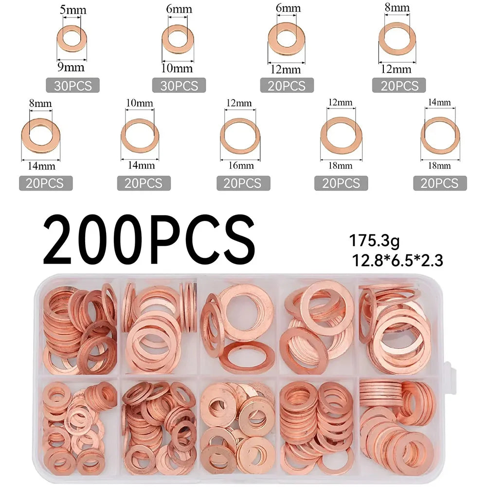 Copper Washer Gasket Set 50/100/120 Pcs Flat Ring Seal Kit Copper Washer Kit Babs Copper 200pcs