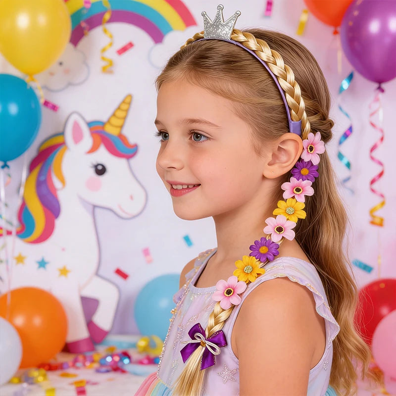 Princess Flower Braid Wig Headband – Girls Unicorn Party Cosplay Kids Costume Headband Babs