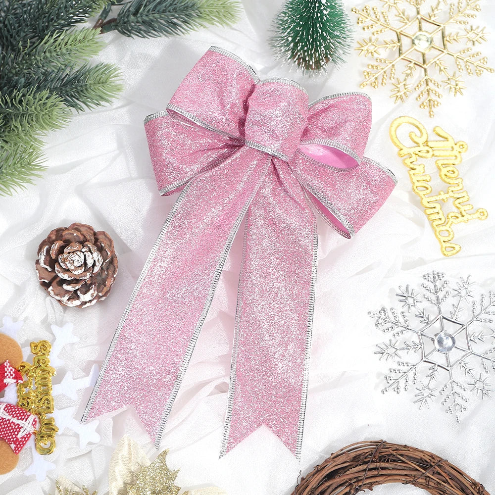 2Pcs 22cm Sparkling Christmas Bow Tree Hanging Ornaments Christmas Bow Ornaments Babs Pink 2Pcs
