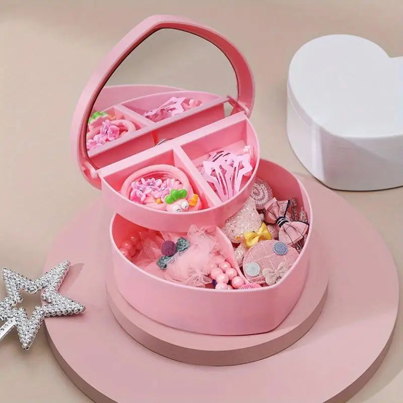 Pink Heart Jewelry & Makeup Storage Box – Double-Layer Mirror Jewelry Storage Box Babs