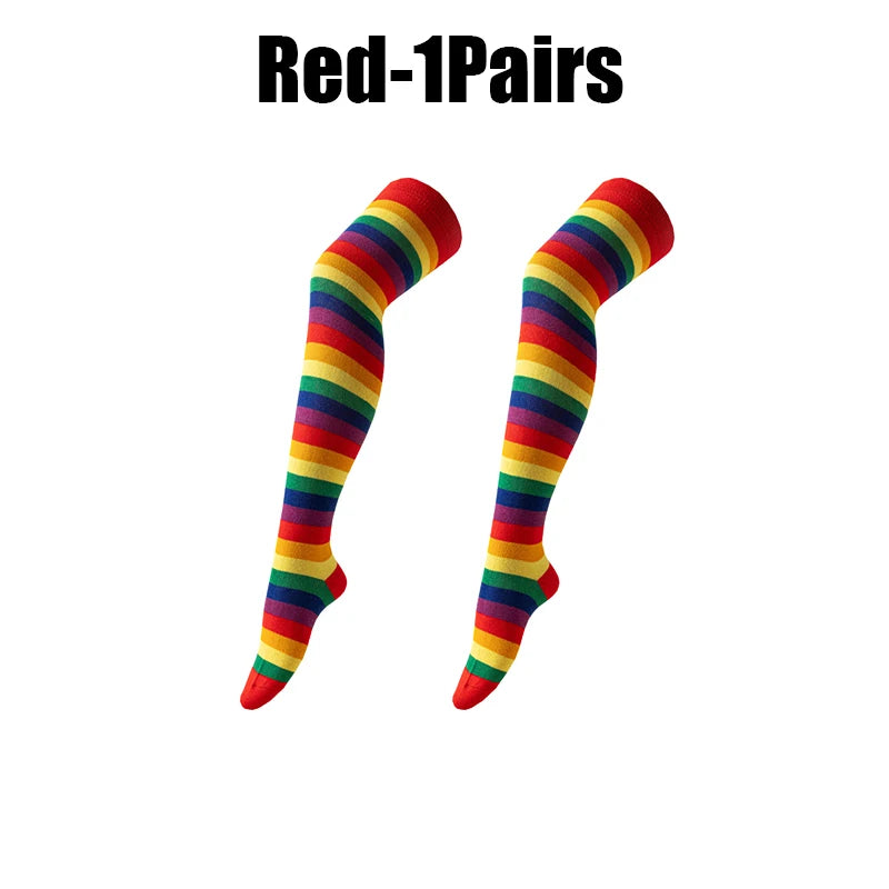 Rainbow Striped Thigh High Socks – Halloween Cosplay Party Thigh High Socks Babs Red 1Pairs as show