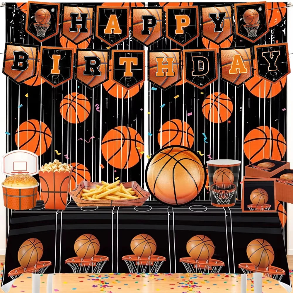 Basketball Party Supplies – Plates, Cups, Popcorn Boxes & Curtain Party Supply Set Babs