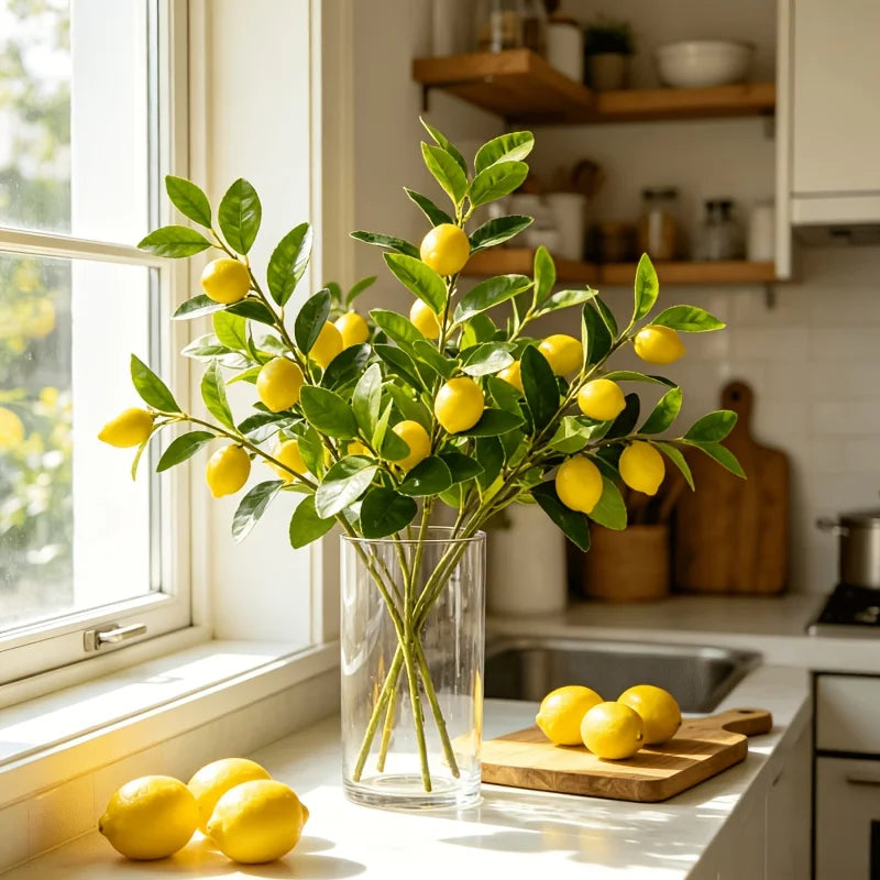 Artificial Lemon Branches 3-Head Fake Lemon Vase Décor | 1-2 Pcs Artificial Fruit Branch Babs