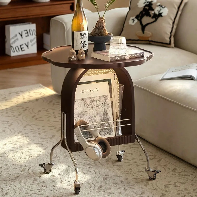 Solid Oak Mobile Coffee Table with Rollers & Storage Mobile Coffee Table Babs Brown