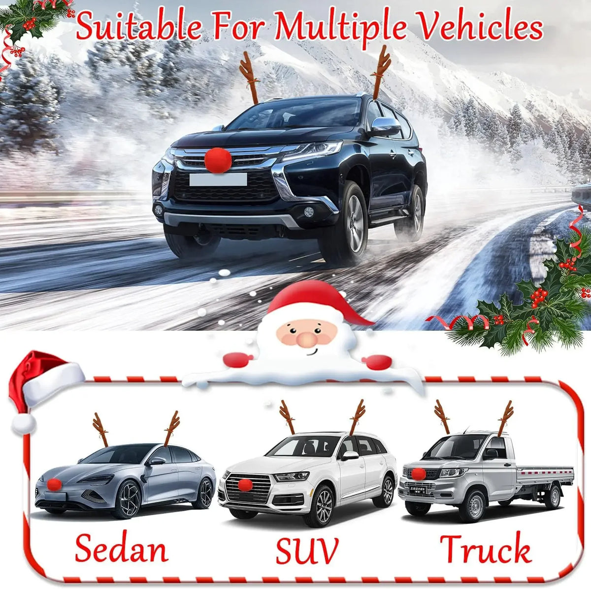 Christmas Reindeer Car Costume – Antlers & Nose Decoration Kit Car Holiday Decoration Babs