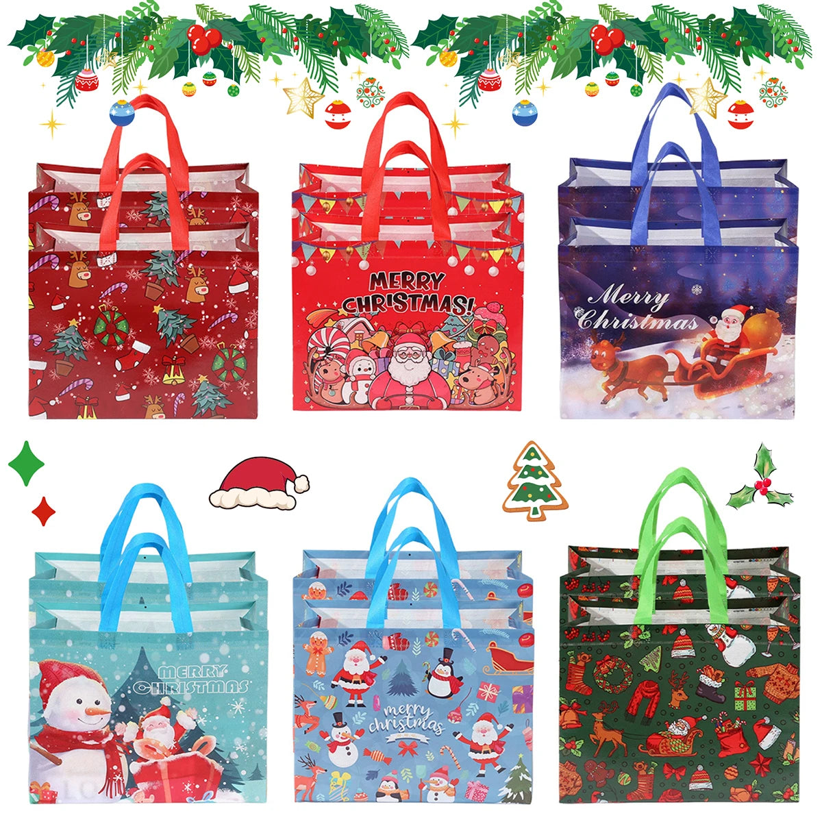 Reusable Christmas Gift Bags with Handles – 6/12 Pack Xmas Christmas Gift Bags Babs