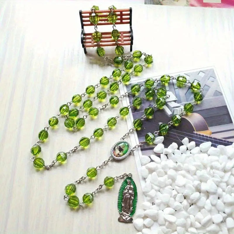 Green Virgin Mary Cross Necklace – Acrylic Sweater Chain Religious Chain Necklace Babs
