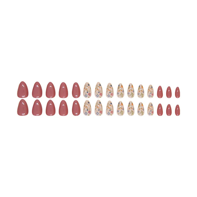24pcs Floral Short Almond Press-On Nails – Detachable Leaf Design Press-On Nails Babs