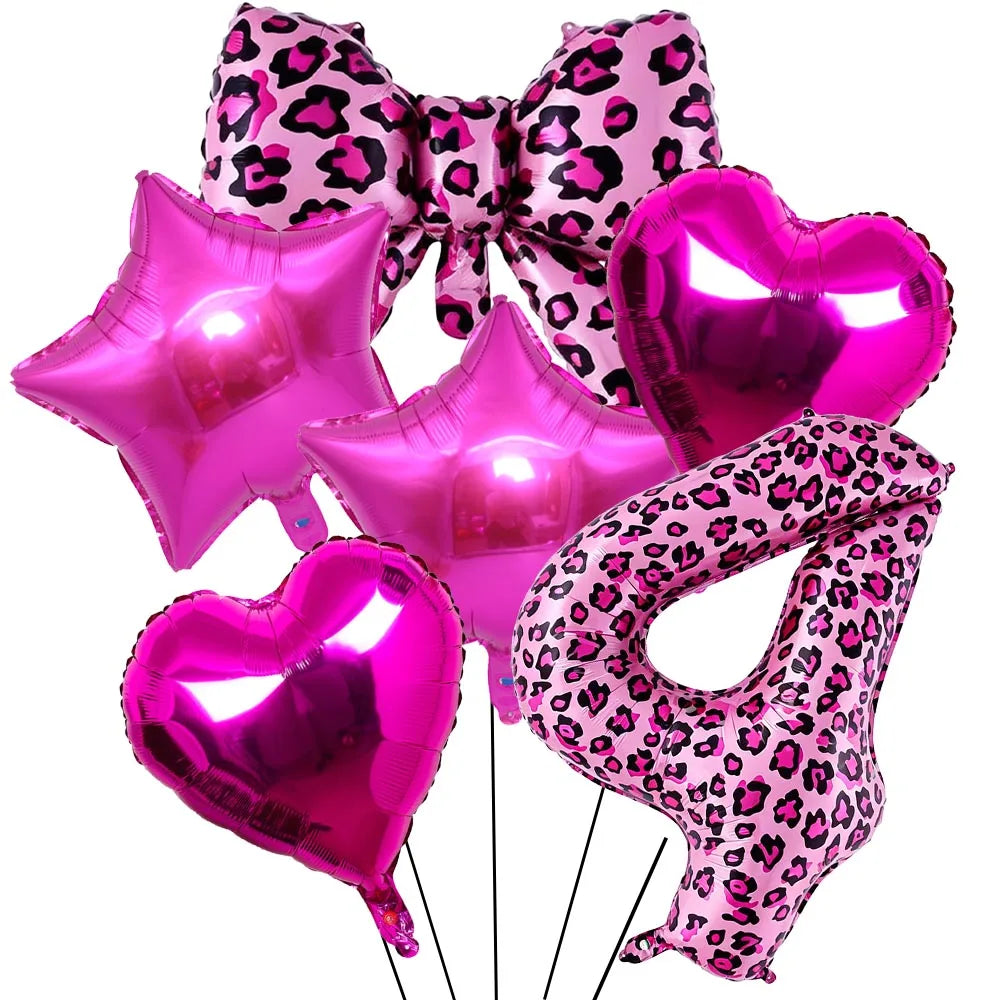 Pink Leopard Print Foil Balloon Set – 6-Piece Birthday Decor Party Balloon Set Babs