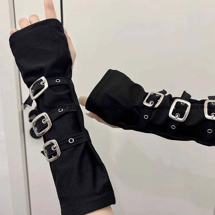 Y2K Punk Fingerless Gloves – Buckle Arm Warmers for Women Fingerless Arm Warmers Babs B One Size