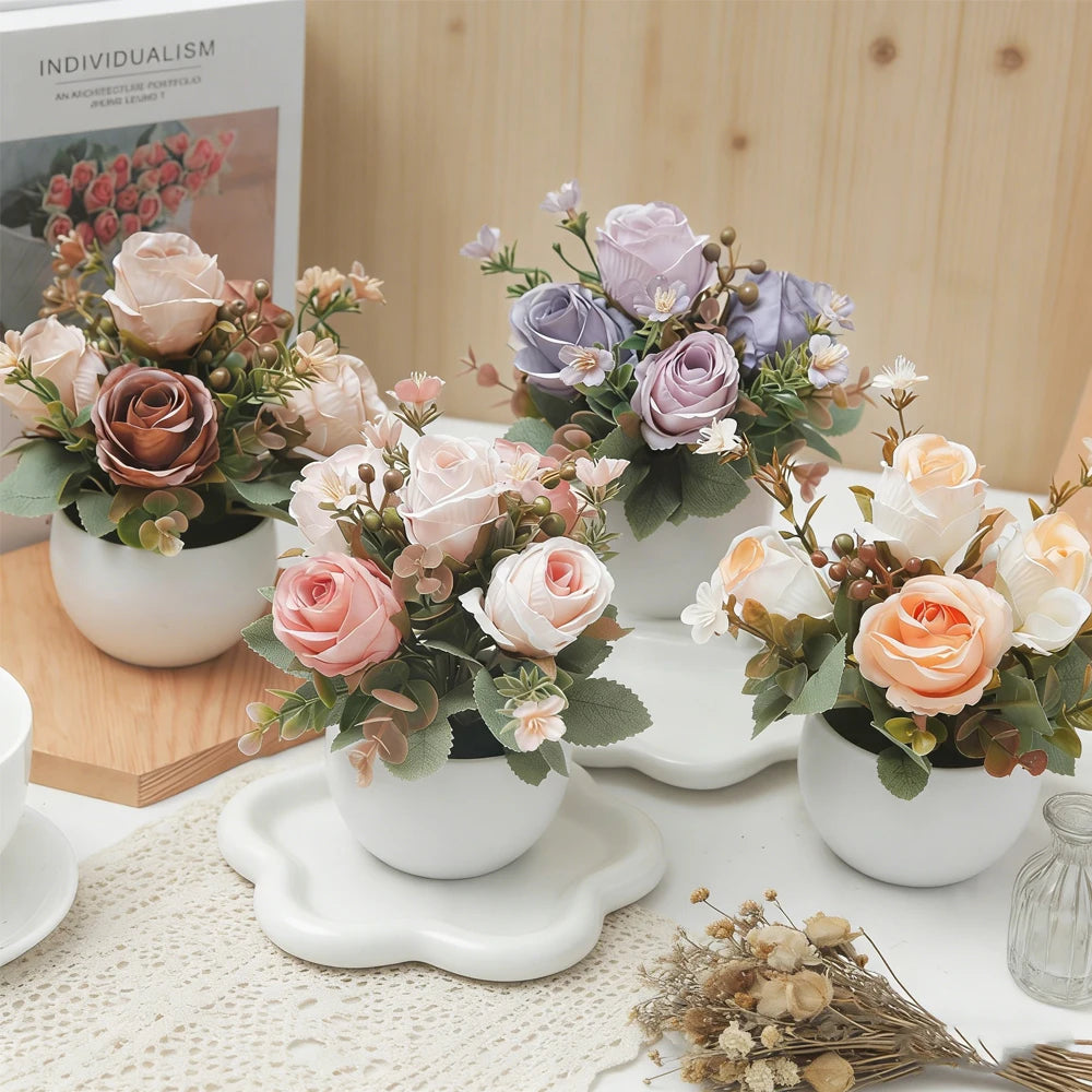 Silk Rose Artificial Flower Bonsai with Vase – Wedding & Home Décor Artificial Flower Bonsai Babs