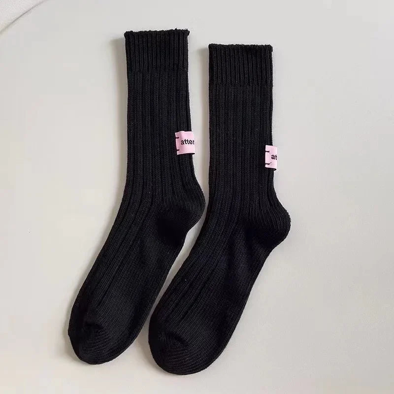 Unisex Cotton Chunky Knit Crew Socks – Retro Stacked Style Knit Crew Socks Babs Black One Size