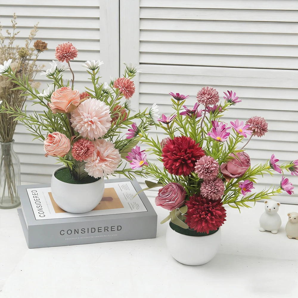 Silk Artificial Potted Flowers – Rose Daisy Dandelion Bonsai Artificial Potted Flowers Babs