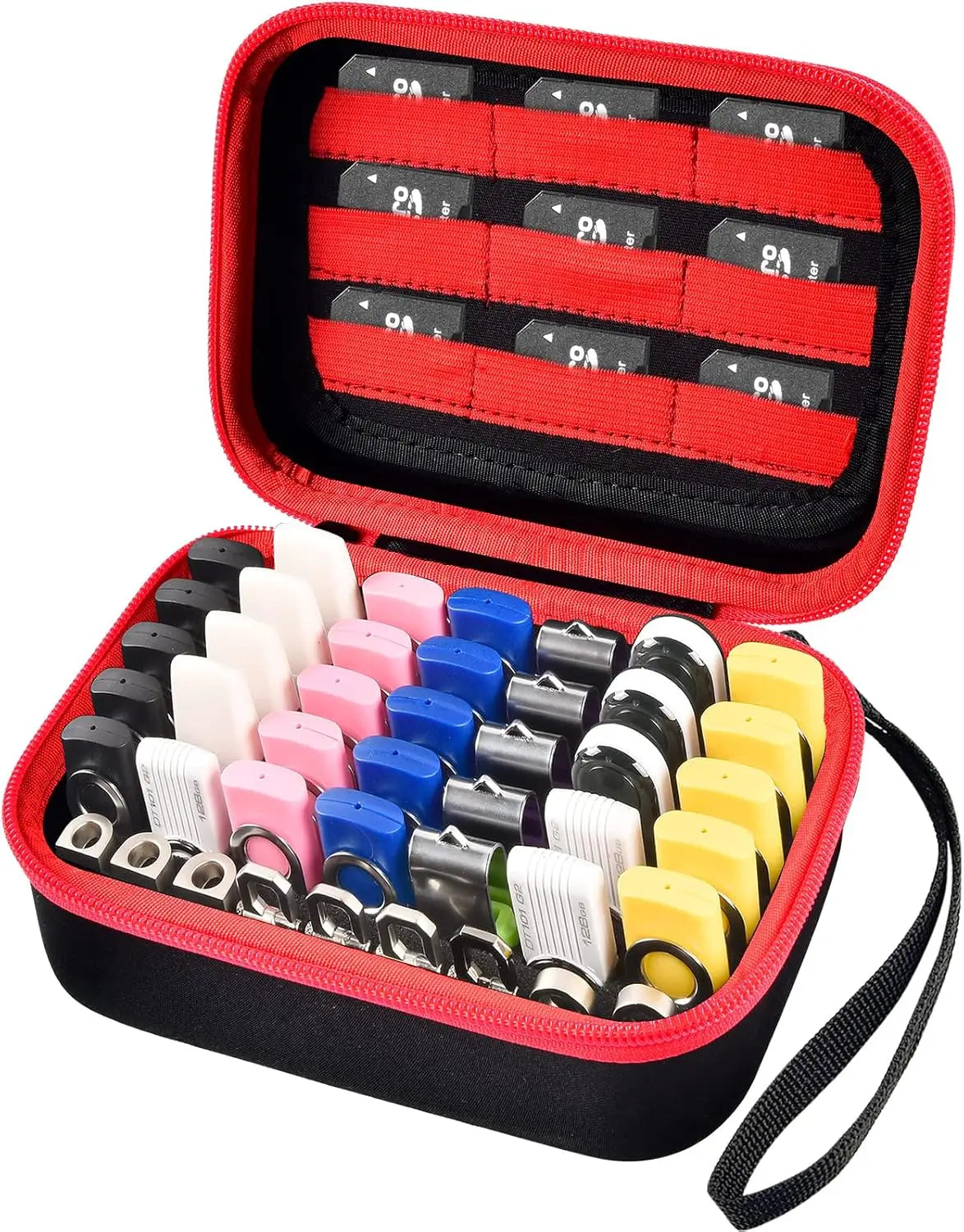 USB Flash Drive Case – 44 Slots + 9 SD Card Slots, EVA Bag USB Drive Case Babs Red