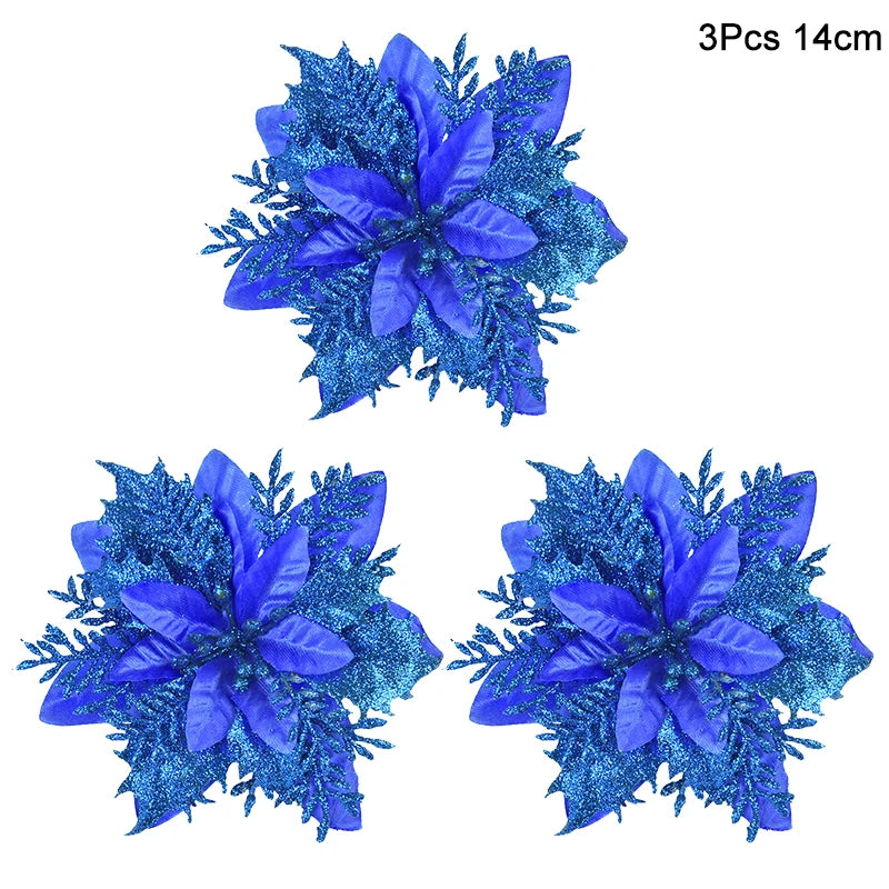 3pcs Glitter Artificial Christmas Flowers Berry Xmas Tree Decor Christmas Tree Ornament Babs Royal Blue