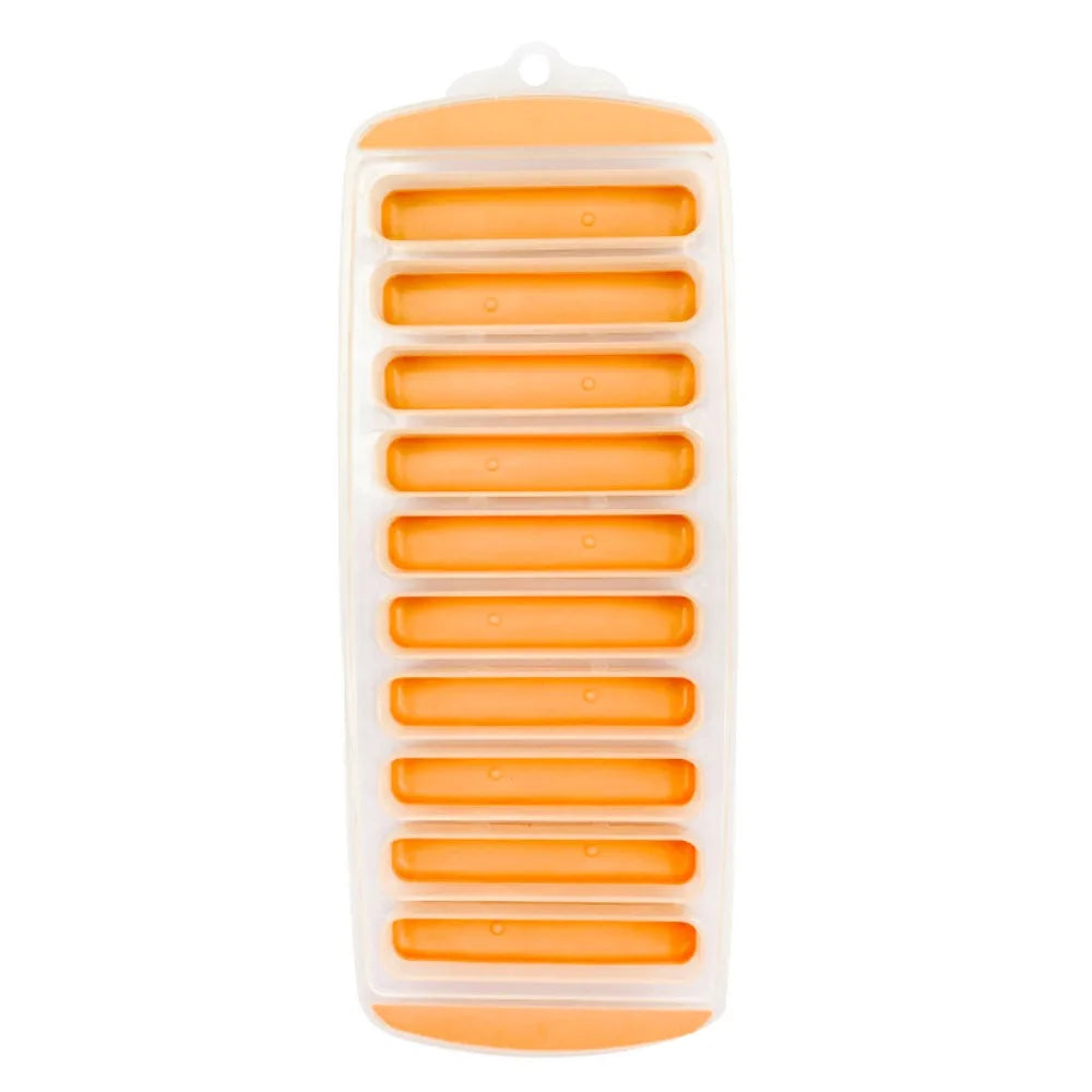 10-Hole Silicone Long Strip Ice Cube Tray Mold with Lid Silicone Ice Tray Babs orange mold