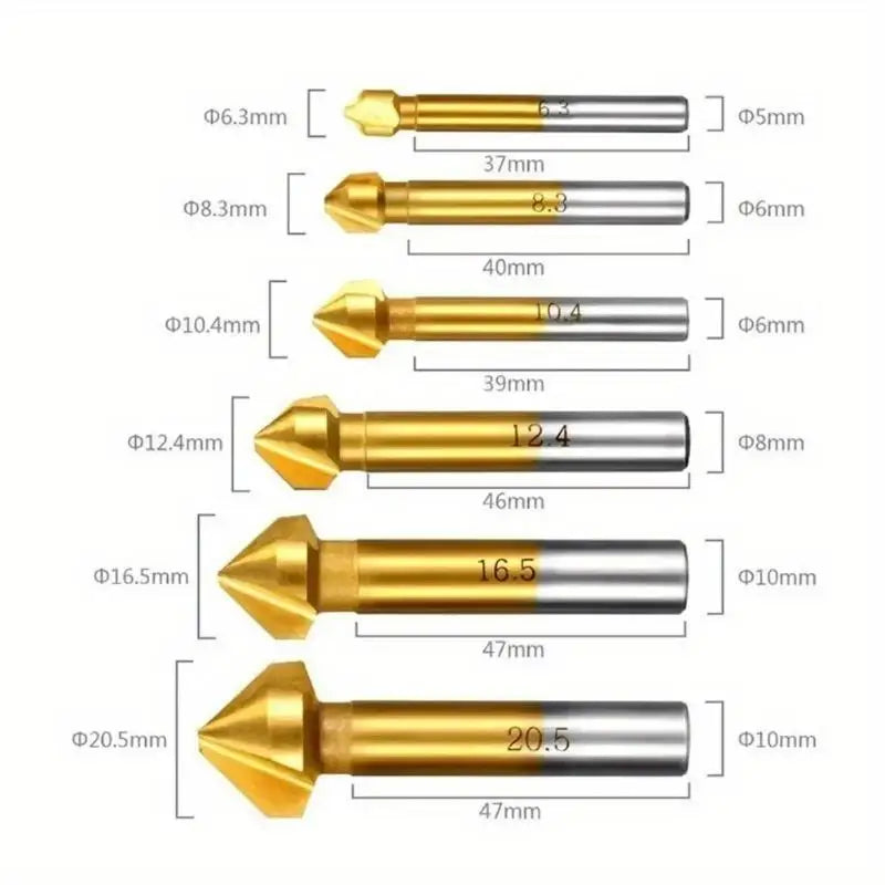 6-Pc 90° 3-Flute Titanium HSS Chamfering End Mill Deburring Set Chamfering Drill Bit Set Babs
