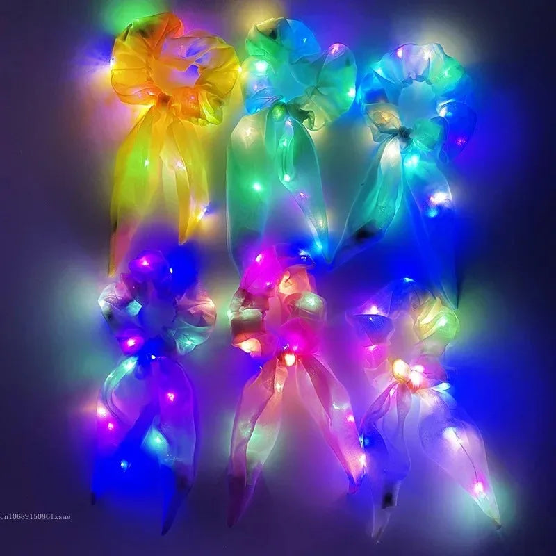 LED Light-Up Bow Scrunchie Glowing Hair Tie | Party Festival LED Hair Accessory Babs