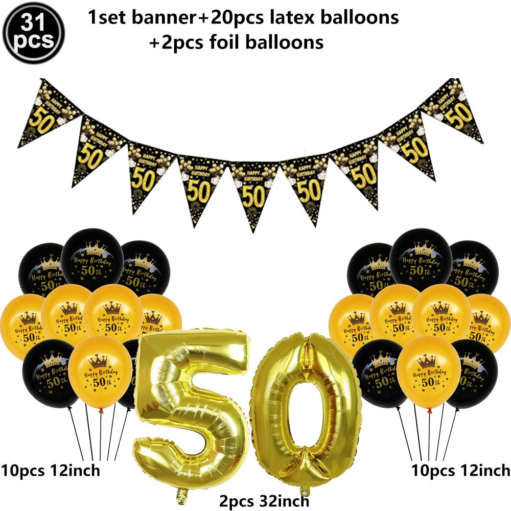 50th Birthday Party Tableware Set – Black & Gold Disposable Party Tableware Babs Gold