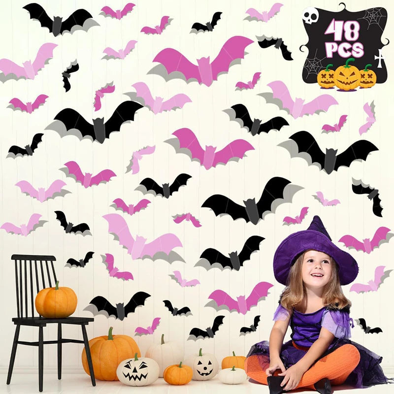 24/48Pcs 3D Halloween Pink Bat Wall & Window Stickers – DIY Decal Halloween Wall Stickers Babs